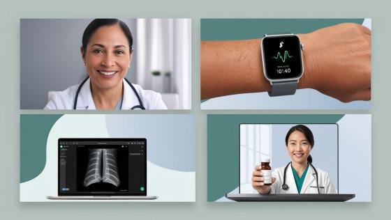 A split-image showcasing different types of telehealth, including virtual doctor consultations, remote patient monitoring, online therapy, telepharmacy, and digital health tools.