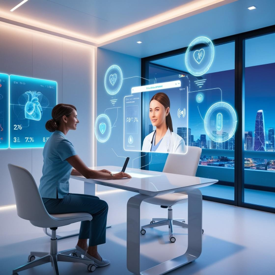 Futuristic clinician using hologram for virtual consultation with patient
