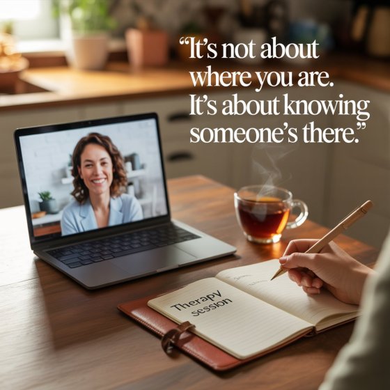 A patient at home during an online therapy session, with tea, a journal, and a quote on-screen saying “It’s not about where you are, it’s about knowing someone’s there”