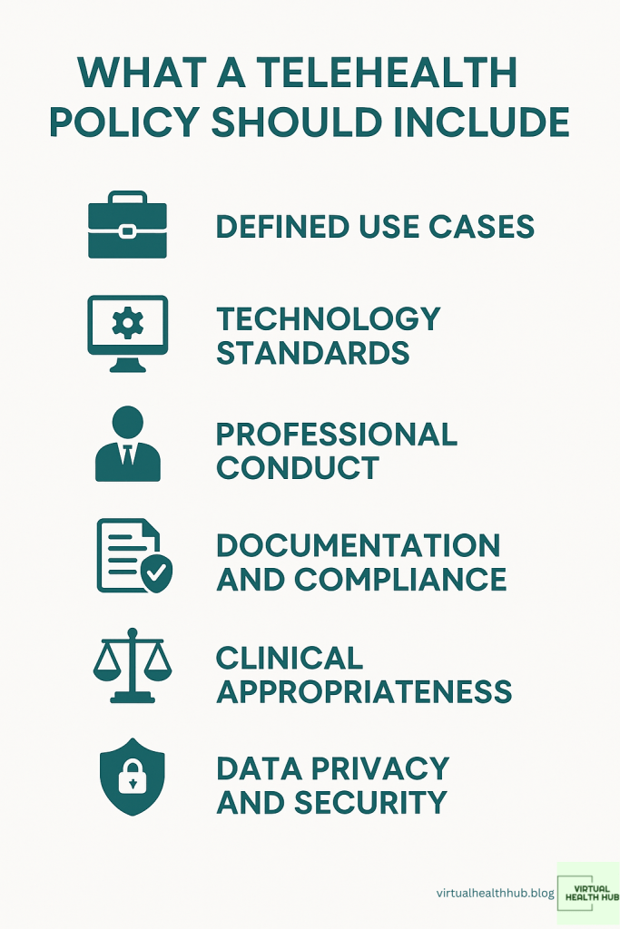 Infographic with teal icons and text on a white background, showing what a telehealth policy should include: governance, data protection, training, clinical guidance, and performance evaluation.