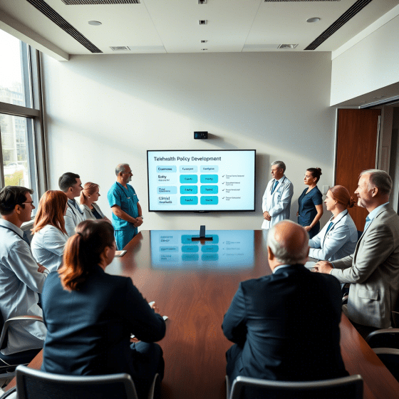 Healthcare leaders discussing telehealth strategy while reviewing documents and a digital strategy board in a modern office setting.