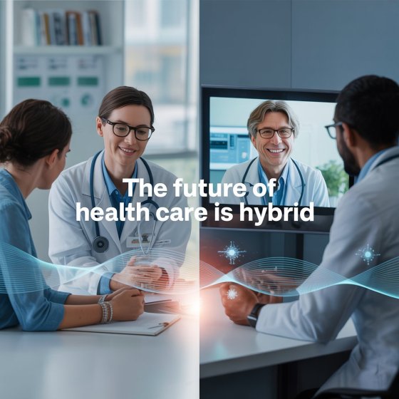 Split-screen image showing a patient in-person and another on video call, with a caption " The Future of Health Care is Hybrid