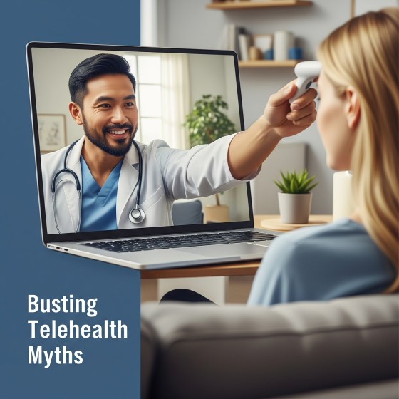 A virtual doctor’s arms extending from a laptop screen to examine a patient sitting at home during a telehealth consultation.