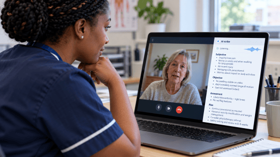 linician conducting a video consultation while an AI scribe generates clinical notes on screen.